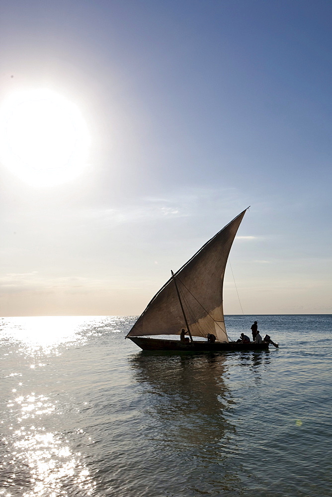 Arab dhow on the coast in front of Stonetown, Zanzibar, Tanzania, Africa