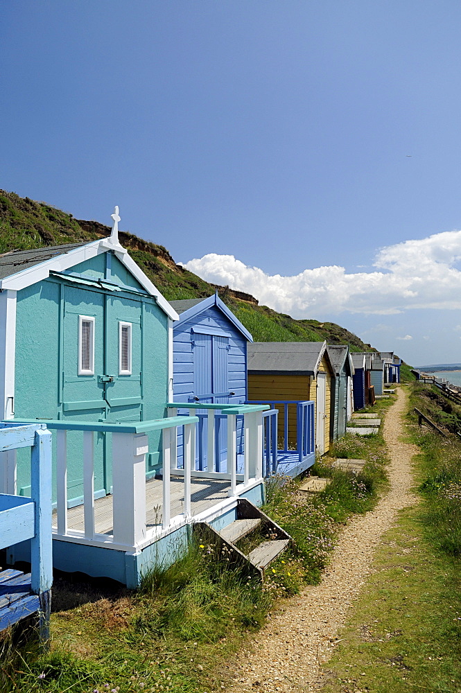 Beach huts on the beach of Milford on Sea, Hampshire, South England, UK, Europe