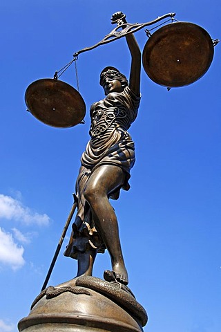 Bronze statue of Lady Justice against a blue sky, Bamberg, Upper Franconia, Bavaria, Germany, Europe