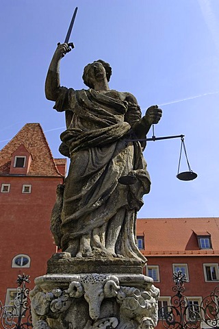 Statue of Lady Justice on a fountain, Regensburg, Upper Palatinate, Bavaria, Germany, Europe