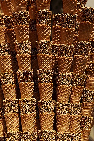 Stacked ice cream cones in an ice cream parlor, Regensburg, Upper Palatinate, Bavaria, Germany, Europe