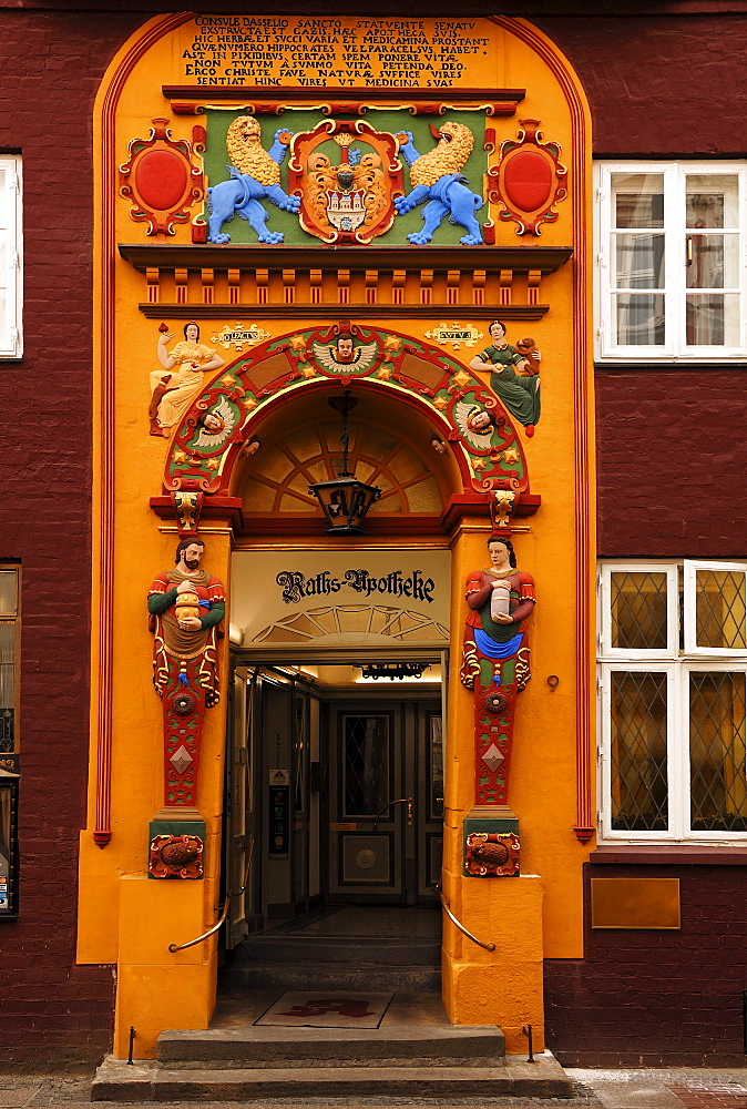 Colourful Renaissace entrance portal of the Raths-Apotheke pharmacy, Lueneburg, Lower Saxony, Germany, Europe