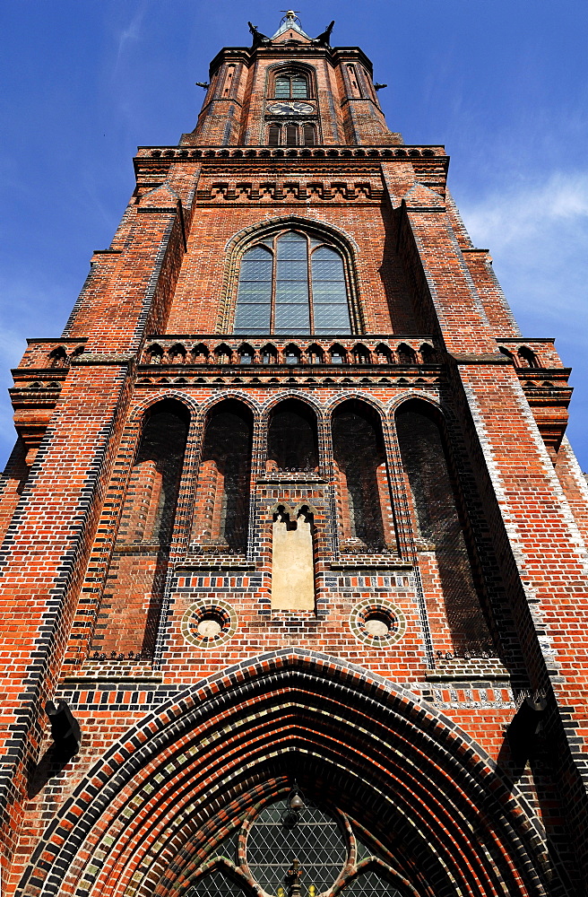 Tower of Nikolaikirche Church, Brick Gothic/Neo-Gothic, 1895, Lueneburg, Lower Saxony, Germany, Europe