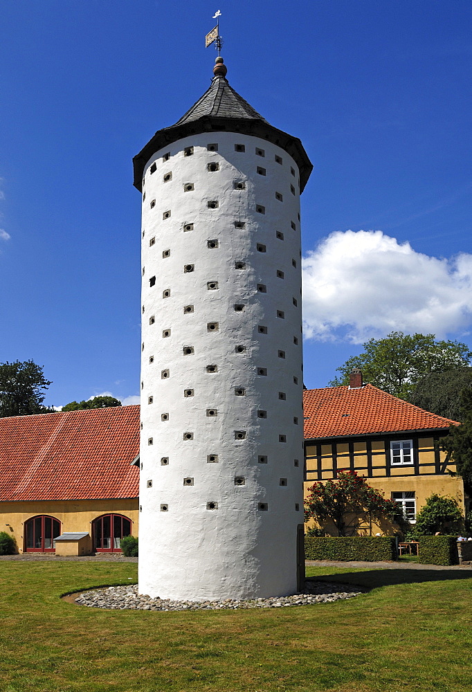 Old pigeon tower at Schloss Huennefeld palace, 13th cent., Bad Essen, Lower Saxony, Germany, Europe