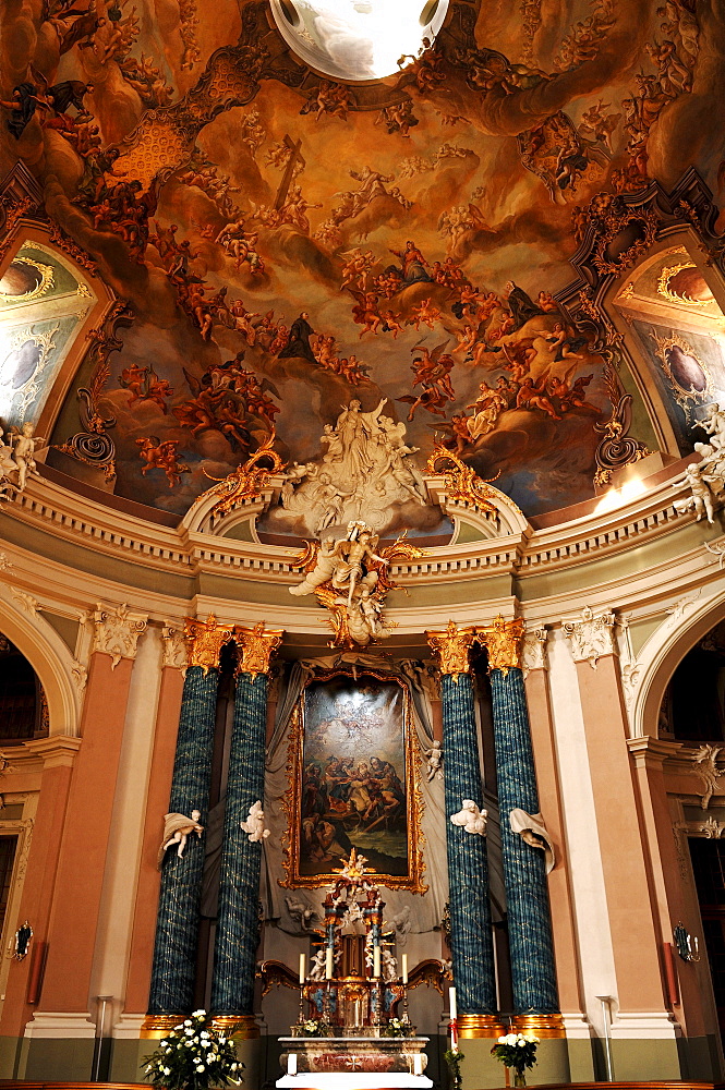 Dome with frescoes and altar of the Clemenskirche church, Baroque, 18th century, Muenster, North Rhine-Westphalia, Germany, Europe