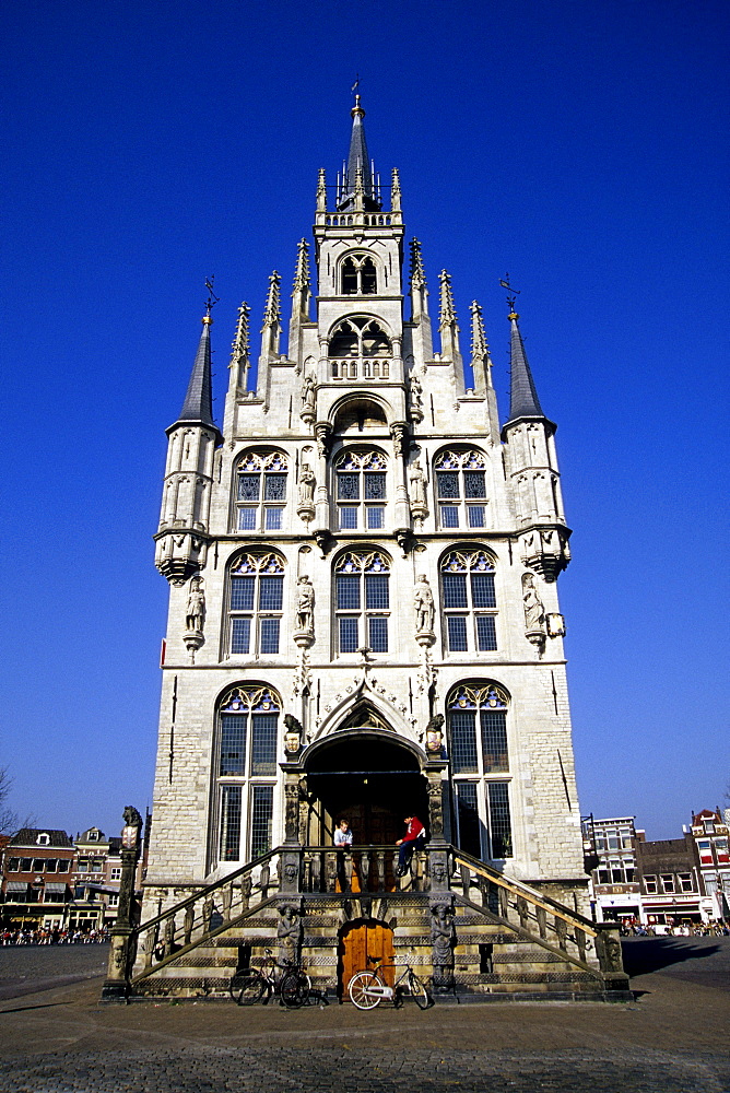 Stadhuis, the gothic town hall on the market square, main entrance, Gouda, province of South Holland, Zuid-Holland, Netherlands, Benelux, Europe