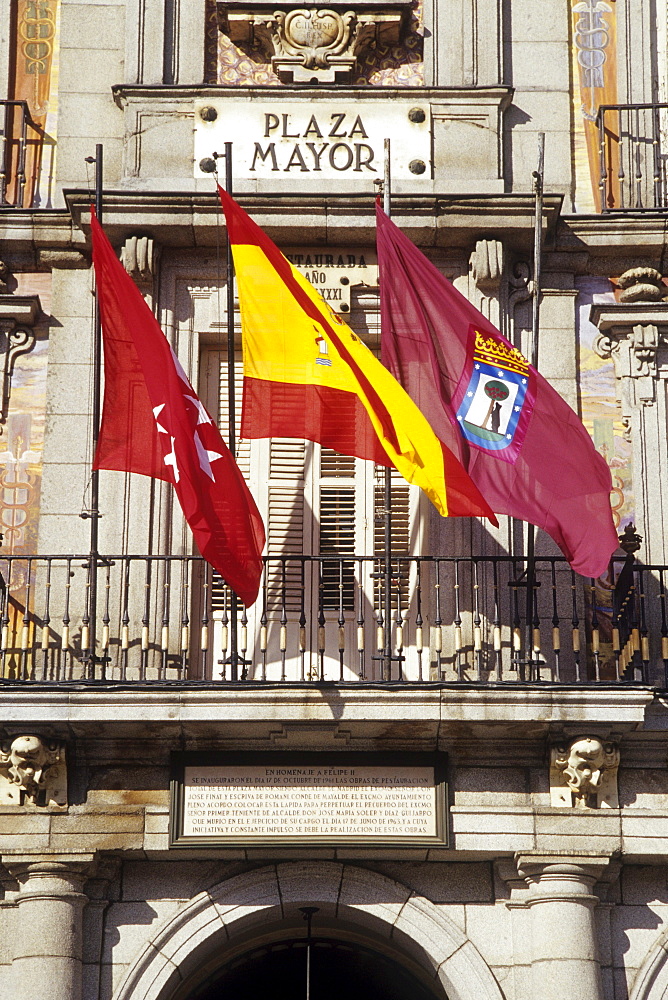 National flag and coat of arms on the Plaza Mayor, Madrid, Spain, Europe