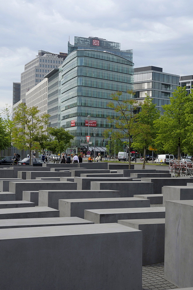 Holocaust memorial, skyscrapers Potsdamer Platz square, Berlin, Germany, Europe