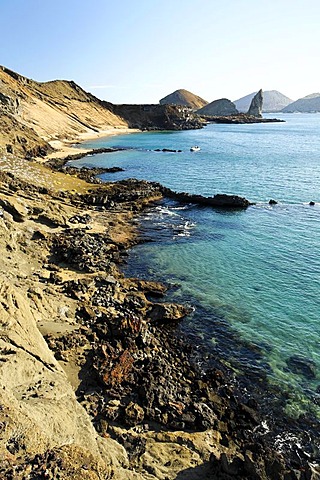 Lava formations, bay, Pinnacle Rock, Bartolome Island, Galapagos Achipelago, UNESCO World Heritage Site, Ecuador, South America, Pacific