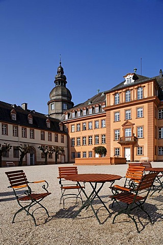 Patio of restaurant "Schloss-Schaenke", castle square, Berleburg Castle, Bad Berleburg, district of Siegen-Wittgenstein, Rothaarsteig, North Rhine-Westphalia, Germany, Europe