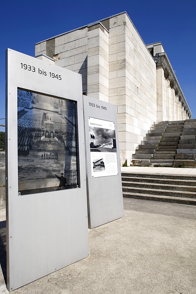 Information board for Adolf Hitler's tribune in front of the Zeppelinfeld field, Reichsparteitagsgelaende Nazi party rally grounds, the Third Reich, Nuremberg, Middle Fraconia, Franconia, Bavaria, Germany, Europe