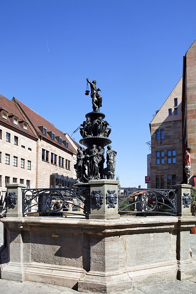 Tugendbrunnen virtues' fountain, late renaissance, by Benedict Wurzelbauer, from 1584 to 1589, old town, Nuremberg, Middle Franconia, Franconia, Bavaria, Germany, Europe