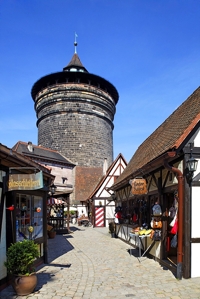 Craftsmen's yard "Handwerkerhof", glasscutter, leather art, shops, fortified tower, half-timbered houses, historic district, City of Nuremberg, Middle Franconia, Franconia, Bavaria, Germany, Europe