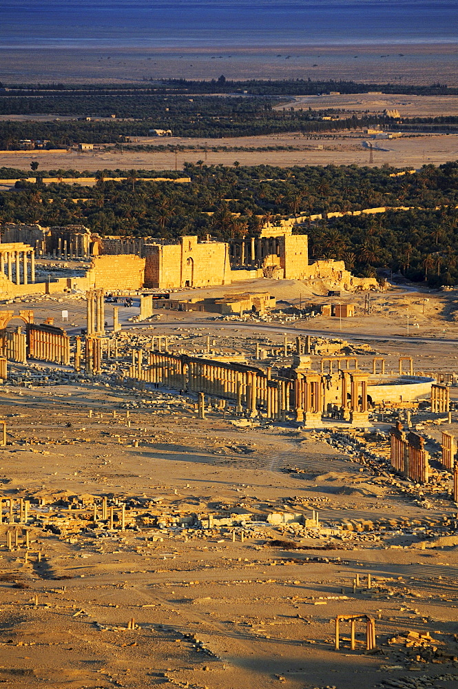 View from the castle Qala'at Ibn Ma'n on the ruins of the Palmyra archeological site, Tadmur, Syria, Asia