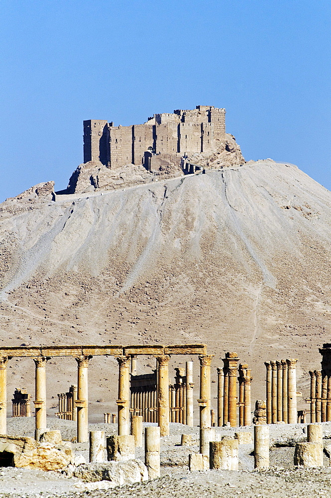 Ruins of the Palmyra archeological site, in the back Qala'at Ibn Ma'n castle, Tadmur, Syria, Asia