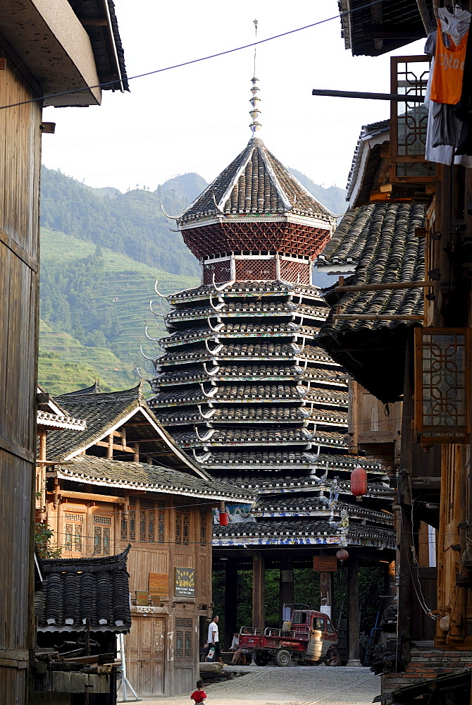 Drum Tower of the Dong minority village Zhaoxing in Guizhou, China, Asia