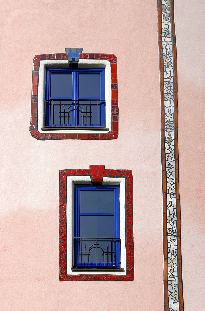 Detail of the colourful facade of Rogner Thermal Spa and Hotel, designed by Friedensreich Hundertwasser, Bad Blumau, Austria, Europe