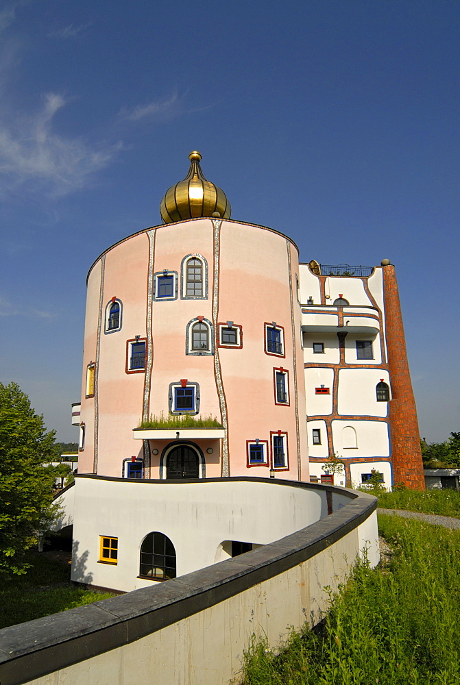 Eccentric architecture of Rogner Thermal Spa and Hotel, designed by Friedensreich Hundertwasser, Bad Blumau, Austria, Europe