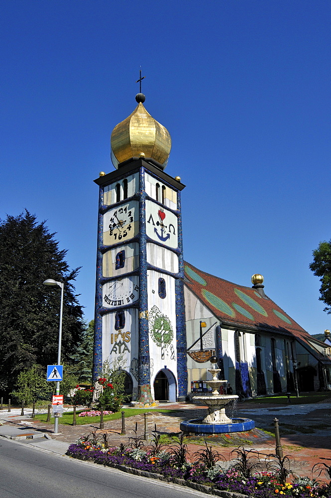 St. Barbara-Kirche, Church of Saint Barbara, renovated by Friedensreich Hundertwasser, in Baernbach, Styria, Austria, Europe