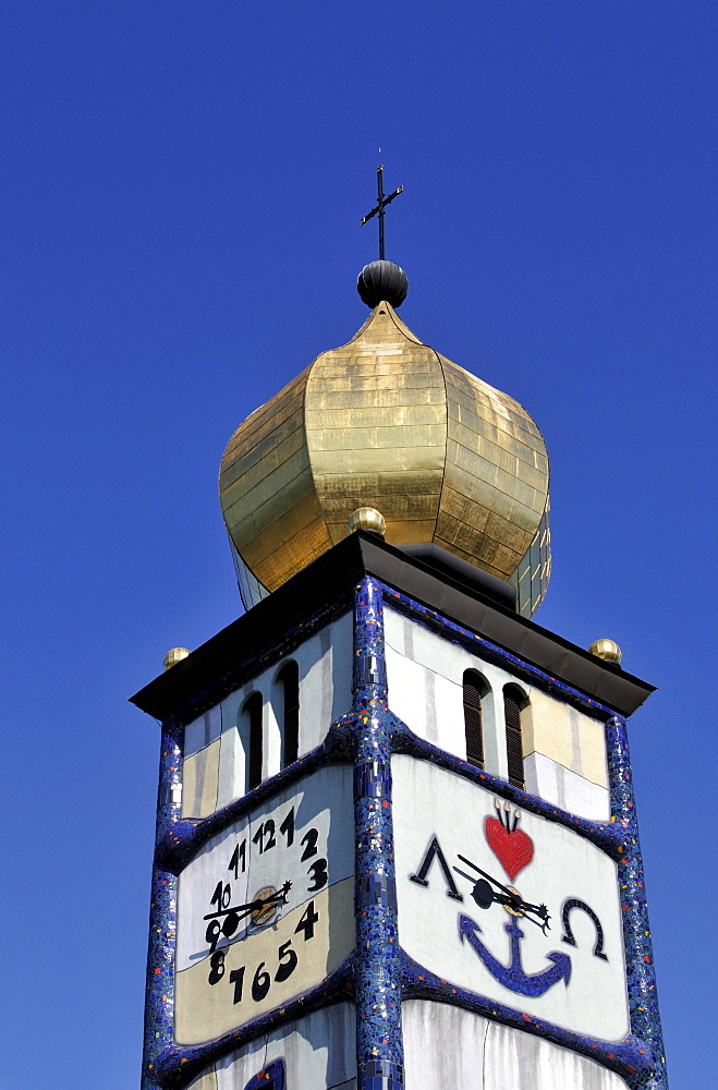 Tower of St. Barbara-Kirche, Church of Saint Barbara, renovated by Friedensreich Hundertwasser, in Baernbach, Styria, Austria, Europe