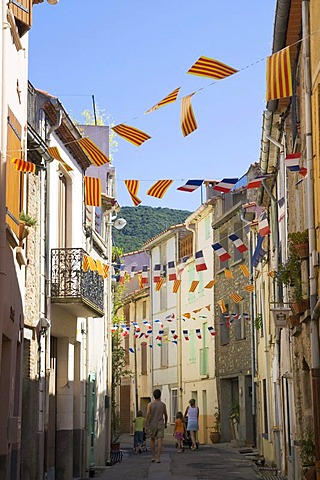 Street decorated with flags and pennants in French and Catalan colours for the French national holiday, Laroque des Alberes, Pyrenees-Orientales, Roussillon, Languedoc-Roussillon, South France, France