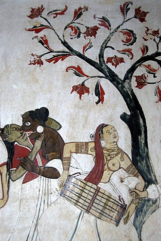 Buddhism, ancient wall painting, bare-breasted woman playing tabla drum, Mulgirigala Temple, Mulkirigala, Ceylon, Sri Lanka, South Asia, Asia