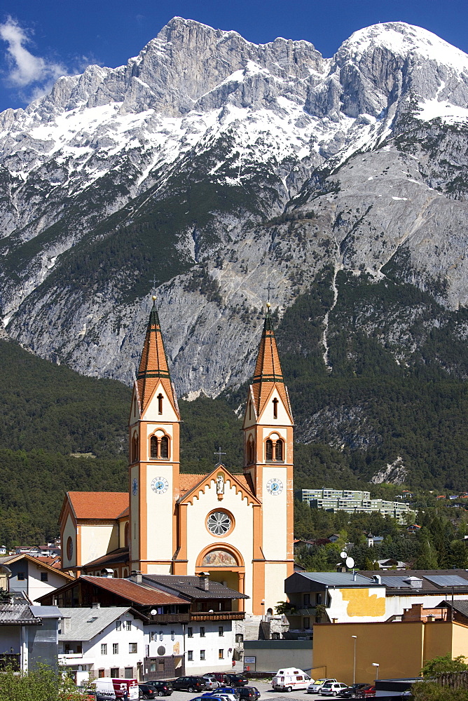 Telfs, Neo-Romanic church of St. Peter and Paul, Mt. Hohe Munde, Mieminger Kette mountain range Tyrol, Austria, Europe