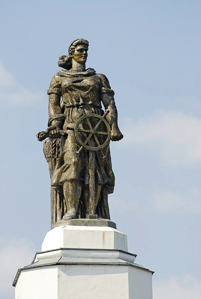 Figure of the Soviet worker on top of the building on the territory of the VVTs or VDNKh, All Russian Exhibition Centre, Moscow, Russia