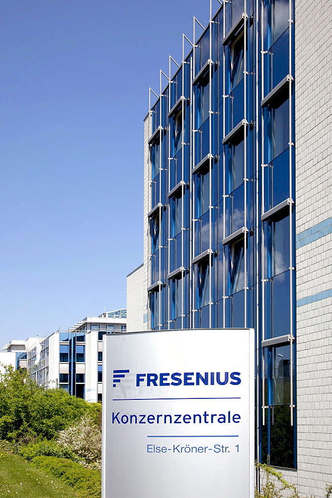 Sign with the logo of the corporate headquarters of the Fresenius SE company in Bad Homburg von der Hoehe, Hesse, Germany, Europe