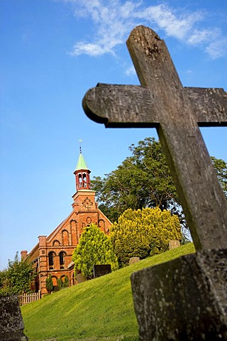 Cross in a cemetery, Old Catholic Church in the village of Sueden, Nordstrand, North Frisia, Schleswig-Holstein, Germany, Europe