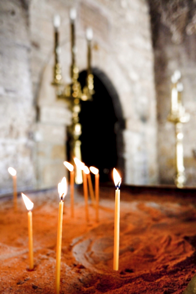 Sacrificial candles in the church of Panagia Angeloktistos, built from the angels, UNESCO World Heritage Site, Kiti, Cyprus, Greek section, Southern Europe, Europe