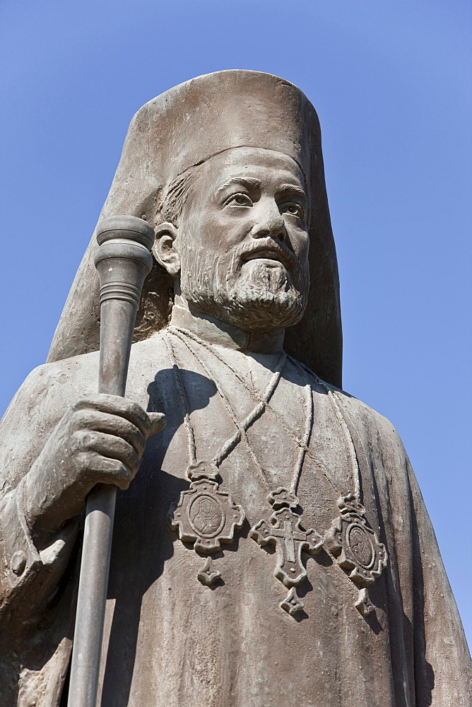 Statue in front of the modern Church of St. George, Agios Georgios, Larnaca, Southern Cyprus, Cyprus, Europe