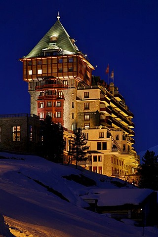 Illuminated Hotel Palace in the evening, St. Moritz, Oberengadin, Graubuenden, Switzerland