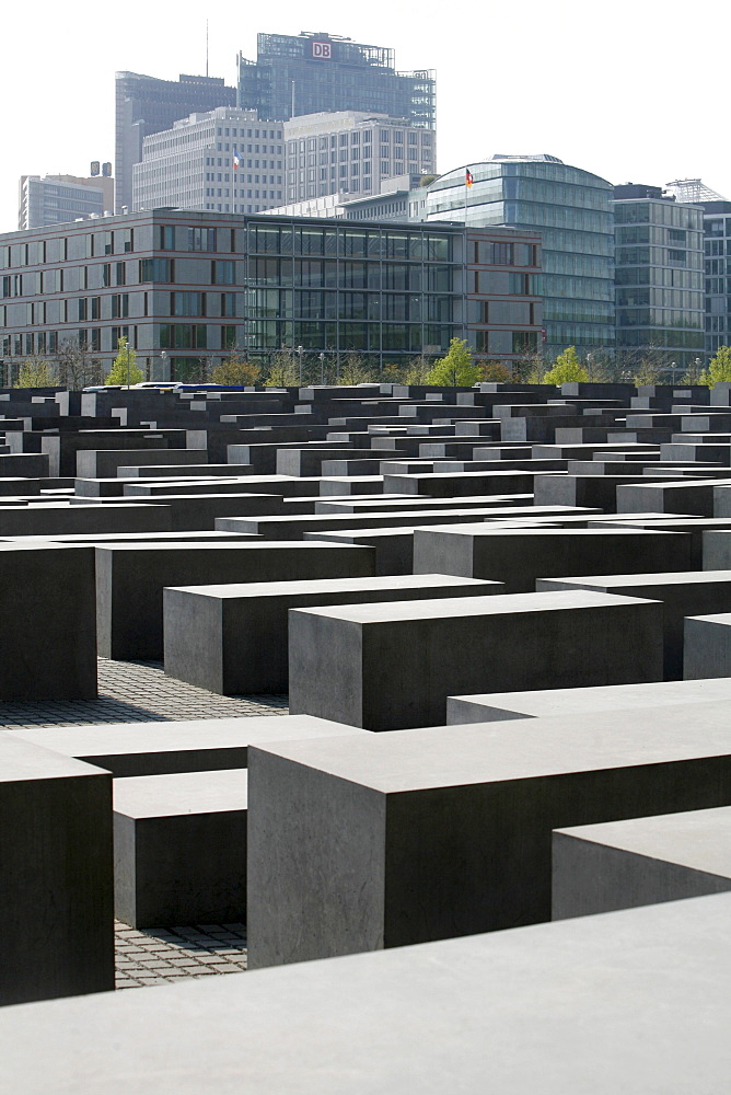 Memorial to the Murdered Jews of Europe, Holocaust memorial, with view to the buildings on the Potsdamer Platz square, Berlin, Germany, Europe