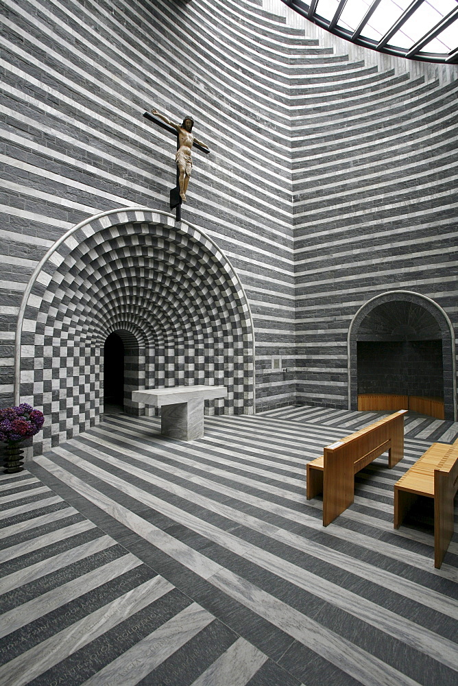 The granite church designed by star architect Mario Botta in Mogno, Valle Maggia, Ticino, Switzerland, Europe