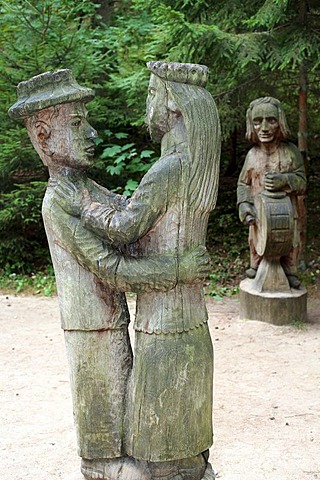 Wooden sculptures, witch mountain in Juodkrante, Kuroeiu Nerija National Park on the Curonian Spit in Lithuania