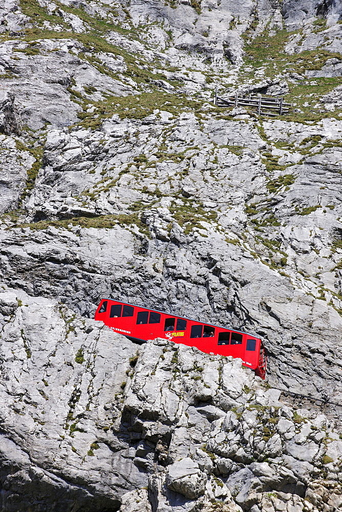 Cogwheel railway to Mount Pilatus, a recreational mountain near Lucerne, the 48% gradient making it the steepest cogwheel railway in the world, Switzerland, Europe