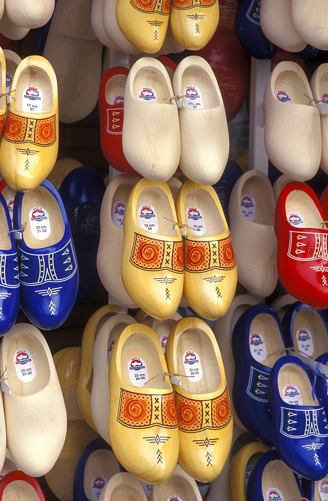 Various wooden shoes, souvenirs, at a market in Norden, the North Sea coast, Lower Saxony, Germany, Europe