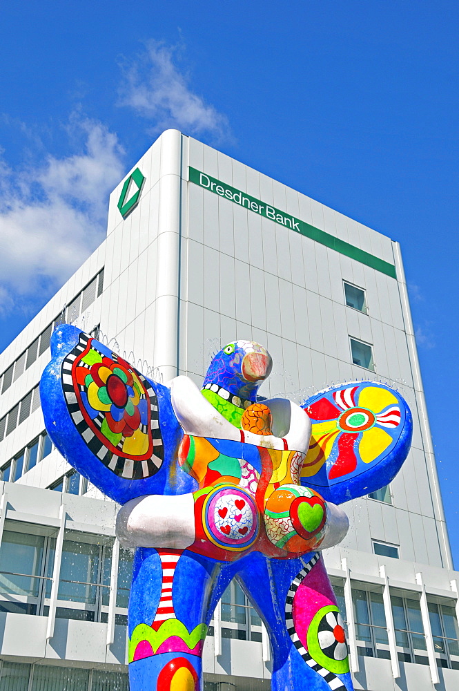 Lifesaver fountain by Niki de Saint Phalle and Jean Tinguely, Koenigstrasse Street, Duisburg, North Rhine-Westphalia, Germany