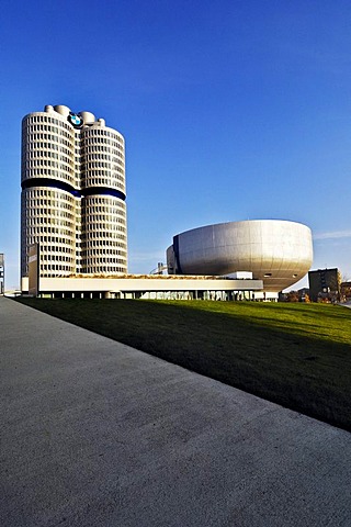 BMW towers, four cylinders and museum, Munich, Bavaria, Germany, Europe