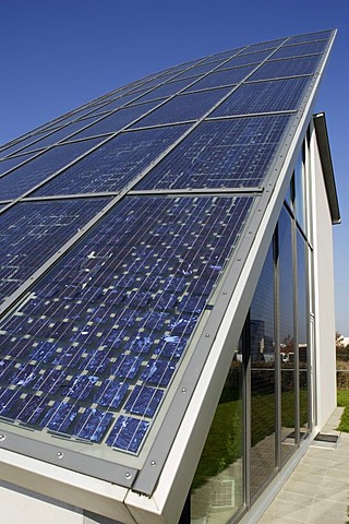 Photovoltaic panels, solar cells, energy, roof, office building, Ingolstadt, Bavaria, Germany, Europe