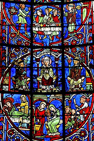 Colourful stained glass window, church window, depiction of everyday situations from the middle ages, Saint Etienne Cathedral, Bourges, Centre, France, Europe