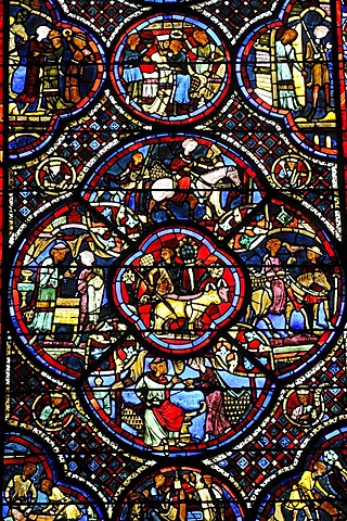 Colourful stained glass window, church window, depiction of everyday situations from the middle ages, Saint Etienne Cathedral, Bourges, Centre, France, Europe