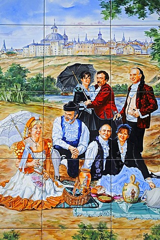 Spanish tiles, azulejos, representation of a joyful group having a picnic in a garden, Madrid, Spain, Europe