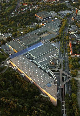 Aerial picture, Exhibition grounds at sunset, Grugapark, Essen, Ruhr area, North Rhine-Westphalia, Germany, Europe