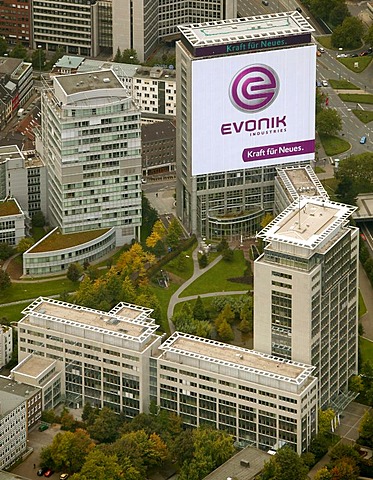 Aerial picture, the former RAG Group Building bearing the new company name EVONIK, head quarters of the Evonik Industries AG, Essen, Ruhr area, North Rhine-Westphalia, Germany, Europe