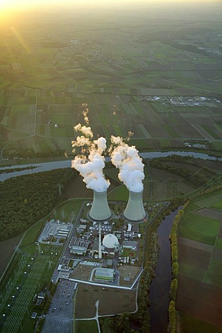 Aerial photograph, AKW, Atomkraftwerk, atom power plant, two cooling towers evaporating water, Grafenrheinfeld, Main, Bavaria, Germany, Europe