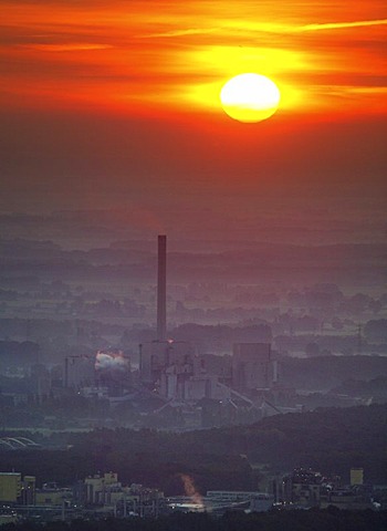 Aerial view, Westfalen RWE Power Energy Plant with sunset, Uentrop, Hamm, Ruhr Area, North Rhine-Westphalia, Germany, Europe