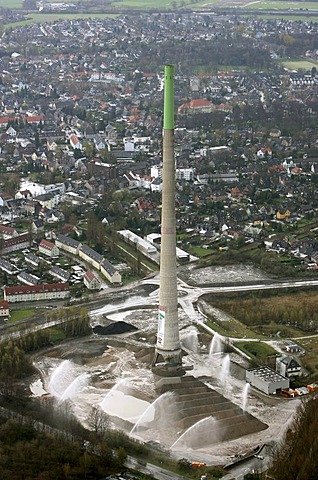 Aerial photo, blowing up a chimney stack, E.ON power station, Castrop-Rauxel, Ruhr area, North Rhine-Westphalia, Germany, Europe