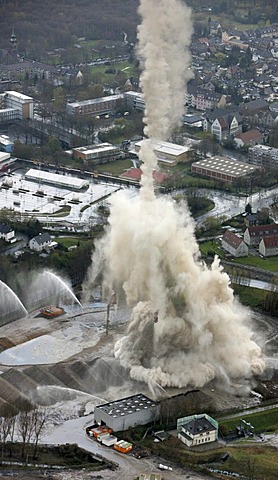 Aerial photo, chimney being blown up, E.ON power station, Castrop-Rauxel, Ruhr area, North Rhine-Westphalia, Germany, Europe